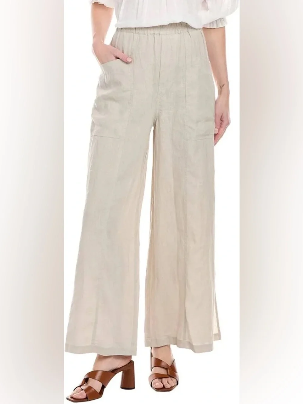 Johnny Was Calme Linen Pull On Pant w Slits Khaki Beige Womens Size L - Picture 5 of 10